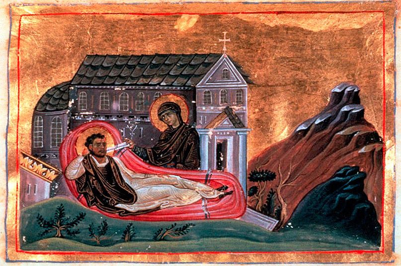 En songe, la très sainte Vierge Marie donne à Romanos le rouleau qui déliera sa langue pour qu’il devienne le prince des hymnographes byzantins.